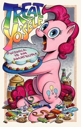 Size: 432x672 | Tagged: safe, artist:andy price, pinkie pie, earth pony, pony, g4, babscon, belly, cake, candy, cookie, cookie jar, cupcake, dialogue, english, female, food, lollipop, looking at you, mare, open mouth, round belly, sitting, traditional art, volumetric mouth, yelling