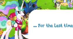 Size: 872x464 | Tagged: safe, gameloft, fancypants, mrs. trotsworth, pound cake, princess celestia, alicorn, pony, g4, my little pony: magic princess, bag, clothes, cropped, dialogue, dialogue box, english, female, folded wings, game screencap, hawaiian shirt, horn, implied threat, looking at you, mare, meme, mobile game, open mouth, open smile, ponytail, shirt, smiling, smiling at you, solo, speech bubble, text, threat, threatening, wings, wow! glimmer