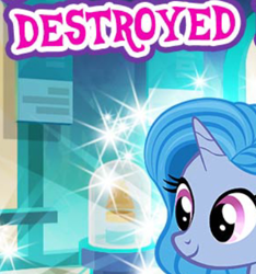 Size: 370x395 | Tagged: safe, gameloft, idw, primary source, pony, unicorn, g4, my little pony: magic princess, cropped, destroyed, english, female, horn, idw showified, mare, meme, mobile game, solo, text, wow! glimmer