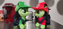 Size: 4000x1848 | Tagged: safe, oc, oc only, oc:filly anon, earth pony, pony, 4chan, clothes, costume, female, filly, irl, luigi, mario, photo, photography, plushie, super mario bros.