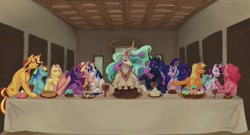 Size: 1820x980 | Tagged: safe, artist:olspirt, applejack, fluttershy, pinkie pie, princess cadance, princess celestia, princess luna, rainbow dash, rarity, shining armor, spike, starlight glimmer, sunset shimmer, twilight sparkle, alicorn, dragon, earth pony, pegasus, pony, unicorn, g4, cake, cakelestia, crown, cupcake, curved horn, detailed background, digital painting, eyes closed, female, fine art parody, food, frown, glowing, glowing horn, goblet, group, height difference, horn, jewelry, looking at each other, looking at someone, macaron, magic, male, mane six, mare, missing accessory, open mouth, painting, pie, regalia, royal sisters, ship:shiningcadance, shipping, siblings, sisters, smiling, straight, talking, telekinesis, the last supper, tiara, vulgar description