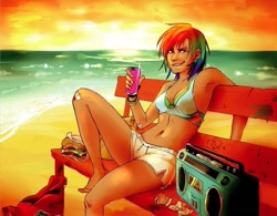 Size: 720x561 | Tagged: source needed, safe, artist:schpog, rainbow dash, human, g4, armpits, barefoot, beach, belly, belly button, bench, boombox, bracelet, burger, clothes, drink, ear piercing, feet, food, humanized, jewelry, lounging, midriff, ocean, piercing, shorts, soda, soda can, sunset, tomboy, tomboy dash, water