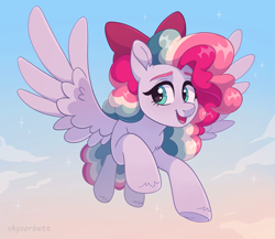 Size: 2090x1817 | Tagged: safe, artist:skysorbett, oc, oc only, oc:sky sorbet, pegasus, pony, bow, cloud, curly hair, curly mane, female, flying, hair bow, looking at you, mare, multicolored hair, multicolored mane, open mouth, sky, smiling, smiling at you, solo, spread wings, wings