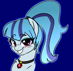 Size: 773x755 | Tagged: safe, artist:nyansockz, sonata dusk, pony, equestria girls, g4, blue background, choker, eyebrows, eyebrows visible through hair, female, grin, looking at you, mare, ponified, simple background, smiling, smiling at you, solo