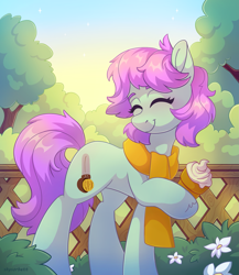 Size: 1817x2090 | Tagged: safe, artist:skysorbett, oc, oc only, oc:sherbet, earth pony, pony, clothes, eyes closed, female, fence, flower, food, garden, ice cream, mare, scarf, smiling, solo, tree