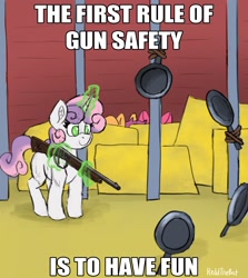 Size: 2195x2465 | Tagged: safe, artist:reddthebat, apple bloom, scootaloo, sweetie belle, earth pony, pegasus, pony, unicorn, g4, barn, blank flank, cutie mark crusaders, female, filly, foal, frying pan, gun, hiding, horn, levitation, magic, rifle, smiling, solo focus, telekinesis, text, this will end in death, this will end in tears, this will end in tears and/or death, trio, weapon