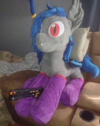 Size: 3000x3777 | Tagged: safe, artist:sweetmelody, oc, oc only, oc:sweet melody, bat pony, bat pony oc, gun, irl, photo, plushie, solo, toy gun, weapon