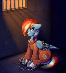 Size: 2150x2351 | Tagged: safe, artist:pozya1007, rainbow dash, g4, b-f16, bound wings, chained, chains, clothes, commissioner:rainbowdash69, jail cell, jumpsuit, never doubt rainbowdash69's involvement, prison cell, prisoner rd, wings