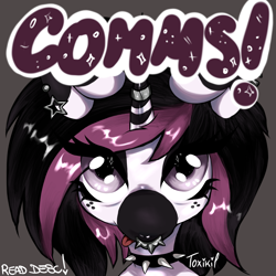 Size: 2048x2048 | Tagged: safe, artist:toxikil, oc, oc:blitz chord, pony, unicorn, advertisement, choker, commission, commission info, commission open, ear piercing, earring, emo, horn, horn ring, jewelry, makeup, piercing, ring, scene, simple background, solo, spikes, tongue out, wingding eyes