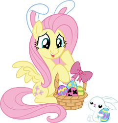 Size: 2907x3011 | Tagged: safe, artist:jaye, angel bunny, fluttershy, pegasus, pony, rabbit, g4, animal, basket, bow, bunny ears, cute, daaaaaaaaaaaw, duo, easter, easter egg, female, high res, holiday, male, mare, shyabetes, simple background, stock vector, transparent background