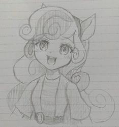 Size: 1080x1152 | Tagged: safe, artist:namaenonaipony, sweetie belle, equestria girls, g4, cat ears, cute, diasweetes, female, headband, lined paper, long hair, monochrome, open mouth, solo, traditional art, twitter link