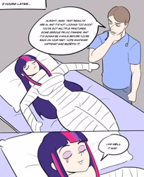Size: 1300x1600 | Tagged: safe, artist:alexicoreborn, twilight sparkle, human, g4, bandage, bed, big breasts, body cast, breasts, busty twilight sparkle, crying, eyes closed, gray background, hospital bed, humanized, injured, simple background, tears of joy, tears of pain, translation, unnamed character