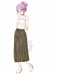 Size: 3000x4000 | Tagged: safe, artist:kirrts, fluttershy, human, choker, clothes, ear piercing, earring, eyeshadow, female, hair bun, high heels, humanized, jewelry, makeup, midriff, piercing, shoes, short shirt, simple background, skirt, solo, white background