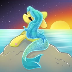 Size: 2048x2048 | Tagged: safe, artist:cupute, anchors away, merpony, g3, blue mane, eyes closed, fish tail, flowing tail, ocean, scales, scenery, solo, sunset, tail, water, yellow coat
