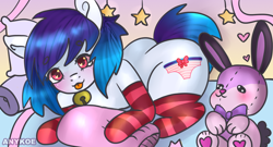 Size: 620x334 | Tagged: safe, artist:anykoe, oc, oc:anykoe, earth pony, rabbit, adorasexy, animal, bed, bedroom, blushing, bowtie, clothes, coll, cute, cutie mark, female, floating heart, heart, jingle bells, light skin, looking at you, multicolored hair, pillow, plushie, sexy, socks, solo, stars, striped socks, tongue out