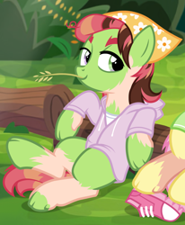 Size: 1060x1284 | Tagged: safe, anonymous artist, artist:anonymous, fluttershy, tree hugger, earth pony, human, pegasus, pony, g4, /ptfg/, bandana, blank flank, brown hair, bush, clothes, drawstrings, duo, duo female, eye color change, female, hoodie, human to pony, lidded eyes, light skin, log, mare, mid-transformation, offscreen character, outdoors, reclining, shirt, shoes, show accurate, smiling, sneakers, solo focus, straw in mouth, transformation