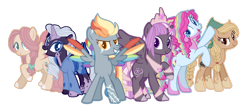 Size: 1024x452 | Tagged: safe, artist:meimisuki, artist:tersisa, applejack, fluttershy, pinkie pie, rainbow dash, rarity, twilight sparkle, alicorn, earth pony, pegasus, unicorn, g4, base used, braid, clothes, coat markings, colored wings, crown, female, horn, horn ring, jewelry, mane six, mare, peytral, redesign, regalia, ring, simple background, transparent background, wings