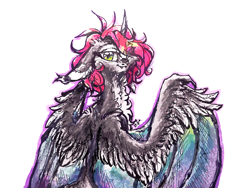 Size: 5760x4320 | Tagged: safe, artist:nazalik, oc, oc:nazalik, alicorn, bat pony, bat pony alicorn, pony, bat wings, ears back, feather, floppy ears, fluffy, hidden eyes, horn, looking at you, smiling, smiling at you, solo, traditional art, wings