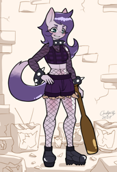 Size: 744x1090 | Tagged: safe, artist:chiefywiffy, oc, oc:breezy, anthro, baseball bat, fishnet stockings, grin, simple background, smiling, solo