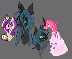 Size: 1796x1481 | Tagged: safe, artist:casinokip, princess cadance, queen chrysalis, oc, oc:fluffle puff, alicorn, changeling, changeling queen, earth pony, pony, g4, :3, big ears, black coat, blue eyes, blushing, bust, canon x oc, colored sclera, colored sketch, crown, duality, earth pony oc, emanata, eye clipping through hair, eyebrows, eyebrows visible through hair, eyeshadow, fangs, female, floating heart, frown, gray background, green sclera, heart, height difference, horn, jewelry, lesbian, lidded eyes, long horn, long neck, looking at each other, looking at someone, makeup, mare, multicolored mane, narrowed eyes, open mouth, open smile, peytral, pink coat, profile, purple eyes, rainbow, regalia, ship:chrysipuff, shipping, simple background, sketch, slit pupils, smiling, straight mane, teal mane, tiara, trio, trio female, unicorn horn, wavy mane, wingding eyes