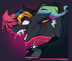 Size: 1954x1649 | Tagged: safe, artist:loom, oc, oc only, oc:nacht, bat pony, fanfic:iron hearts, amulet, bat pony oc, bust, chaos star, dyed mane, fangs, female, injured, insanity, jewelry, portrait, scratches, solo, solo female