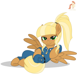 Size: 3000x3000 | Tagged: safe, artist:r4hucksake, oc, oc only, oc:center punch, pegasus, pony, base used, bedroom eyes, belt, blushing, carpenter, clothes, draw me like one of your french girls, eyeshadow, female, jumpsuit, logo, looking at you, lying down, makeup, mare, mechanic, overalls, pocket, ponytail, shirt, simple background, smiling, smiling at you, solo, spread wings, sultry pose, transparent background, undershirt, wings, zipper