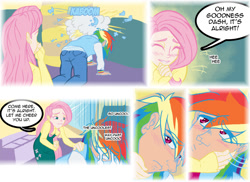 Size: 1000x728 | Tagged: artist needed, source needed, safe, fluttershy, rainbow dash, human, g4, blushing, comic, female, hand on cheek, humanized, laughing, lesbian, ship:flutterdash, shipping, speech bubble
