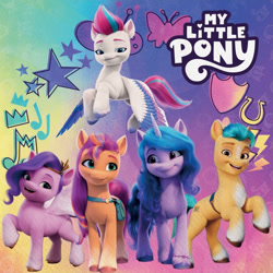 Size: 799x800 | Tagged: safe, hitch trailblazer, izzy moonbow, pipp petals, sunny starscout, zipp storm, g5, my little pony: make your mark, official, 3d, cgi, cute, izzybetes, logo, looking at each other, looking at someone, looking at you, merchandise, scan, smiling, smiling at each other, smiling at you, standing, sunnybetes