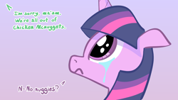 Size: 1920x1080 | Tagged: safe, artist:purblehoers, twilight sparkle, pony, unicorn, chicken meat, chicken nugget, crying, dialogue, food, horn, mcdonald's, meat, ponies not eating meat, sad, simple background, solo, text