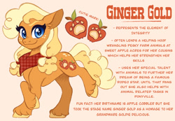 Size: 1280x886 | Tagged: safe, artist:carouselunique, ginger gold, earth pony, pony, g4, alternate cutie mark, alternate design, alternate hairstyle, alternate universe, character swap, colored hooves, female, fetlock tuft, mare, reference sheet, side stars au, simple background, smiling, solo, text, trotting, unshorn fetlocks
