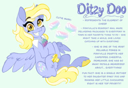 Size: 1280x886 | Tagged: safe, artist:carouselunique, derpy hooves, pegasus, pony, unicorn, g4, alternate cutie mark, alternate design, alternate hairstyle, alternate universe, blue background, character swap, colored hooves, female, fetlock tuft, horn, mare, reference sheet, side stars au, simple background, smiling, solo, text, unshorn fetlocks