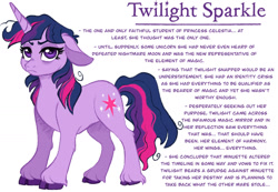 Size: 1280x886 | Tagged: safe, artist:carouselunique, twilight sparkle, pony, unicorn, g4, alternate cutie mark, alternate design, alternate hairstyle, alternate universe, character swap, cloven hooves, colored hooves, female, fetlock tuft, horn, mare, reference sheet, side stars au, simple background, smiling, solo, text, trotting, unshorn fetlocks