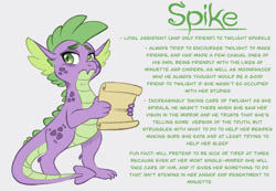 Size: 1280x887 | Tagged: safe, artist:carouselunique, spike, dragon, g4, alternate design, alternate universe, character swap, depressed, male, reference sheet, scroll, side stars au, simple background, smiling, solo, text