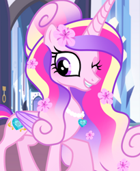 Size: 1080x1318 | Tagged: safe, artist:cstrawberrymilk, princess cadance, pony, flower, flower in hair, jewelry, necklace, one eye closed, pearl necklace, solo, wink