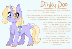 Size: 1280x887 | Tagged: safe, artist:carouselunique, dinky hooves, pony, unicorn, g4, alternate cutie mark, alternate design, alternate hairstyle, alternate universe, character swap, cloven hooves, colored hooves, female, fetlock tuft, filly, foal, heterochromia, horn, reference sheet, side stars au, simple background, smiling, solo, text, unshorn fetlocks
