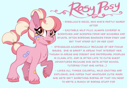 Size: 1280x887 | Tagged: safe, artist:carouselunique, rosy posy, pony, g4, :p, alternate cutie mark, alternate design, alternate hairstyle, alternate universe, bandaid, character swap, colored hooves, female, fetlock tuft, filly, foal, horn, pigtails, reference sheet, side stars au, simple background, smiling, solo, text, tongue out, unshorn fetlocks