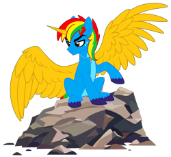 Size: 1760x1612 | Tagged: safe, artist:shieldwingarmorofgod, oc, oc only, oc:shield wing, alicorn, g4, alicorn oc, horn, large wings, male, rock, simple background, solo, transparent background, wings