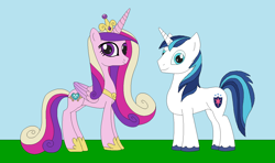 Size: 1354x799 | Tagged: safe, artist:marybethemberjoy49-1, princess cadance, shining armor, alicorn, unicorn, g4, concave belly, crown, female, height difference, hoof shoes, horn, jewelry, male, peytral, physique difference, princess shoes, regalia, ship:shiningcadance, shipping, slender, stallion, straight, thin, trace