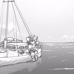 Size: 3000x3000 | Tagged: safe, artist:captainhoers, oc, oc only, pony, unicorn, boat, diving suit, dressing, floppy ears, grayscale, high res, horn, monochrome, ocean, sitting, solo, water
