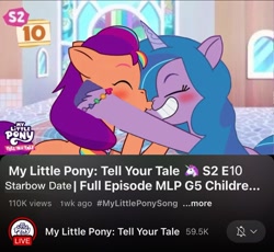 Size: 1170x1075 | Tagged: safe, edit, edited screencap, screencap, izzy moonbow, sunny starscout, earth pony, pony, unicorn, g5, my little pony: tell your tale, 1000 hours in ms paint, eyes closed, fake, fake screencap, faker than a three dollar bill, female, horn, kissing, lesbian, mane stripe sunny, ship:moonscout, shipping, youtube thumbnail