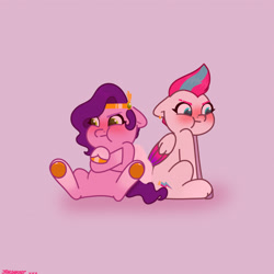 Size: 2480x2480 | Tagged: safe, artist:starburstuwu, pipp petals, zipp storm, pegasus, pony, g5, adorapipp, adorazipp, angry, blushing, cute, duo, duo female, female, madorable, mare, pipp petals is not amused, royal sisters (g5), siblings, sisters, sisters being sisters, sitting, unamused, zipp storm is not amused