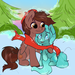Size: 3000x3000 | Tagged: safe, artist:kristina, oc, oc only, oc:allira, oc:autumn rosewood, earth pony, pegasus, pony, unicorn, clothes, commission, couple, duo, horn, love, scarf, shared clothing, shared scarf, snow, tree, ych result