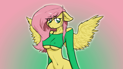 Size: 1280x720 | Tagged: artist needed, safe, fluttershy, pegasus, anthro, g4, breasts, erect nipples, female, floppy ears, nipple outline, solo, solo female, spread wings, underboob, wings
