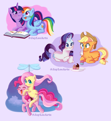 Size: 2300x2500 | Tagged: safe, artist:jayleearts, applejack, fluttershy, pinkie pie, rainbow dash, rarity, twilight sparkle, earth pony, pegasus, pony, unicorn, blushing, colored pupils, cupcake, cute, dashabetes, diapinkes, eyes closed, female, fluttershy riding pinkie pie, food, helicopter, high res, horn, jackabetes, lesbian, lying down, mane six, mare, napkin, nose wrinkle, nuzzling, one eye closed, open mouth, open smile, ponyloaf, prone, purple background, raribetes, ship:flutterpie, ship:rarijack, ship:twidash, shipping, shyabetes, simple background, smiling, spread legs, spreading, twiabetes, unicorn twilight, windswept mane