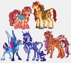 Size: 1162x1033 | Tagged: safe, artist:devilbunzz, applejack, fluttershy, pinkie pie, rainbow dash, rarity, earth pony, pegasus, pony, unicorn, g4, alternate cutie mark, alternate design, alternate eye color, alternate hair color, alternate hairstyle, alternate tail color, alternate tailstyle, alternate universe, applejack's hat, applejacked, back fluff, bags under eyes, beard, big ears, blaze (coat marking), blue coat, blue eyes, blue sclera, body freckles, braid, braided ponytail, braided tail, cape, chest fluff, chin fluff, clothes, coat markings, colored belly, colored eyebrows, colored hooves, colored pinnae, colored sclera, colored sketch, colored wings, colored wingtips, concave belly, cowboy hat, curly mane, curly tail, facial hair, facial markings, female, fetlock tuft, folded wings, freckles, gray coat, green eyes, green sclera, group, hat, height difference, hoof on chest, horn, jewelry, large wings, leg fluff, leg freckles, leonine tail, long legs, long mane, long tail, looking back, looking up, mare, mealy mouth (coat marking), multicolored hair, multicolored mane, multicolored tail, multicolored wings, muscles, narrowed eyes, necklace, pale belly, patterned background, peytral, physique difference, pink coat, pink eyes, pink mane, pink tail, ponytail, rainbow hair, rainbow tail, raised hoof, red mane, red tail, sextet, shiny hoof, short tail, simple background, sketch, smiling, smoldash, socks (coat markings), spiky mane, spread wings, standing, tail, tail fluff, tallershy, thin legs, tied mane, wall of tags, wavy mane, wavy tail, wingding eyes, wings, wip, yellow coat, yellow sclera