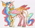 Size: 1114x891 | Tagged: safe, artist:devilbunzz, princess celestia, alicorn, pony, g4, alpha channel, alternate color palette, alternate design, alternate eye color, alternate hair color, alternate tail color, alternate universe, bangles, beard, belly fluff, bracelet, brown eyes, cape, cheek fluff, chin fluff, clothes, cloven hooves, coat markings, colored eartips, colored hooves, colored horn, colored sclera, colored sketch, colored teeth, colored wings, colored wingtips, concave belly, ethereal mane, ethereal tail, eyelashes, facial hair, facial markings, fangs, female, fetlock tuft, folded wings, horn, horn flag, jewelry, large wings, leg fluff, leonine tail, long horn, long legs, long mane, long tail, looking back, mare, multicolored coat, multicolored wings, patterned background, profile, raised hoof, shawl, shiny hooves, sketch, slender, smiling, socks (coat markings), solo, sparkly mane, sparkly tail, standing, star (coat marking), tail, tail fluff, tall, thin, unicorn horn, veil, wall of tags, wavy mane, wavy tail, wingding eyes, wings, yellow sclera