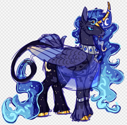 Size: 1177x1162 | Tagged: safe, artist:devilbunzz, princess luna, alicorn, pony, alternate color palette, alternate design, alternate hair color, alternate tail color, alternate tailstyle, bangles, blue eyes, blue mane, blue sclera, blue tail, cheek fluff, colored horn, colored muzzle, colored pinnae, colored wings, colored wingtips, curved horn, ear fluff, ethereal mane, ethereal tail, fangs, female, folded wings, frown, horn, jewelry, leonine tail, lidded eyes, long mane, long tail, mare, multicolored coat, multicolored wings, patterned background, peacock feathers, peytral, purple coat, solo, sparkly mane, sparkly tail, standing, tail, unshorn fetlocks, veil, wavy mane, wavy tail, wings