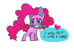 Size: 598x399 | Tagged: safe, artist:cutesykill, pinkie pie, earth pony, pony, g4, beanbrows, blue eyes, blue sclera, chibi, colored eyebrows, colored pinnae, concave belly, dialogue, eyebrows, female, floating heart, heart, implied cannibalism, implied violence, knife, long mane, long tail, mare, mouth hold, pink coat, pink mane, pink tail, simple background, solo, speech bubble, tail, talking to viewer, text, this will end in cupcakes, this will end in death, this will end in pain, this will end in pain and/or death, white background, wide eyes