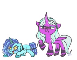 Size: 1024x804 | Tagged: safe, artist:petaltwinkle, misty brightdawn, opaline arcana, alicorn, pony, unicorn, g5, blue coat, blue mane, blue tail, blushing, colored hooves, colored sketch, curly mane, curly tail, curved horn, duo, duo female, eye clipping through hair, eyeshadow, female, folded wings, frown, harness, horn, leash, long mane, long tail, makeup, mare, narrowed eyes, opaline arcana is not amused, open mouth, open smile, pink coat, raised hoof, signature, simple background, sketch, smiling, starry eyes, tail, two toned mane, two toned tail, unamused, unshorn fetlocks, wavy mane, wavy tail, white background, white mane, white tail, wingding eyes, wings