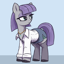 Size: 2500x2500 | Tagged: safe, artist:t72b, derpibooru exclusive, maud pie, earth pony, pony, g4, alternate clothes, button-up shirt, clothes, ear piercing, earring, eyeshadow, female, jewelry, lidded eyes, makeup, mare, necklace, office lady, piercing, shirt, shoes, side slit, simple background, skirt, solo, stockings, thigh highs